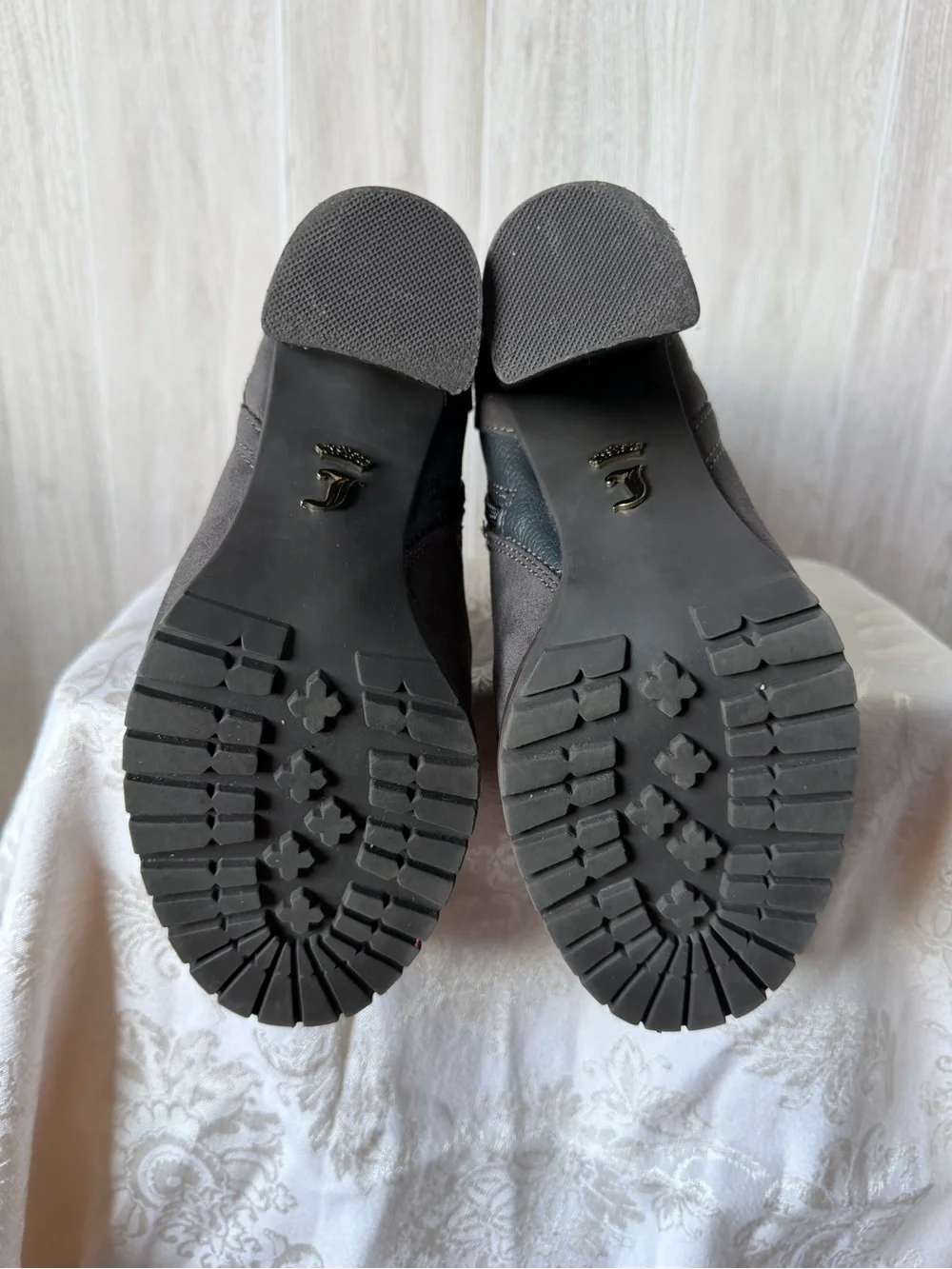 Juicy Couture Charcoal Suede Block Heel Ankle Boots with Black Cuff